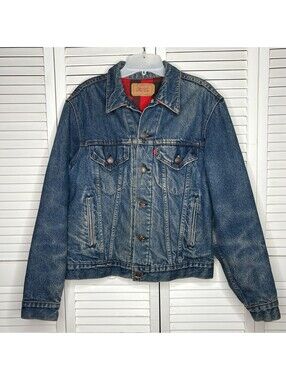 Vintage Levi's 70411 Flannel Lined Denim Trucker Jacket Red Plaid USA Made 40